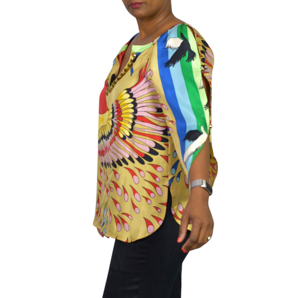 TIBI Silk Print Tunic Yellow Colorful Peacock Jeweled Studs Blue Cutouts Birds 6 - Picture 14 of 16